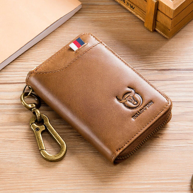 (image for) BULLCAPTAIN Genuine Leather Mens Waist-Mounted Wallet Card & Id Holders Multi-function Key Chain Holders Mini Key Bag Coin Purse Wallet Two-In-One with Gift Box